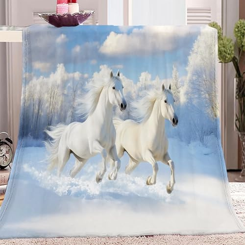 Tiere, Weißes Pferd, Schnee Flauschige Kuscheldecke, Weiche Flanell Sofadecke mit Weiß Waschbare Decke für Kinder, Jungen & Erwachsene, Warme Tagesdecke 130x150 cm