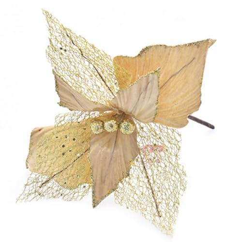Fiori Decorativi Natalizi Dorati, Petali Oro con Retina, 30 cm di Lunghezza, Confezione da 12 Pezzi addobbi per Albero di Natale