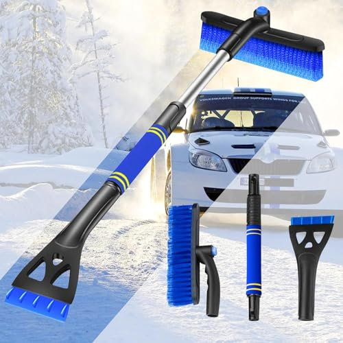 Vakki Eiskratzer Auto, 3 in 1 Eiskratzer Auto mit Besen, Ausziehbare Schneebesen Auto, Scheibenkratzer Auto, Drehbarer Bürstenkopf und Schaumstoffgriff für Auto, Windschutzscheibe, Fenster, SUV, LKW