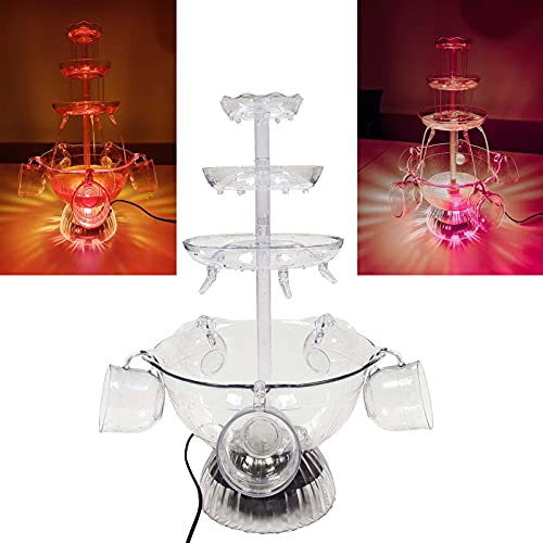 Fontana a 3 ripiani per vino rosso con base illuminata a LED, in plastica trasparente, con 5 tazze