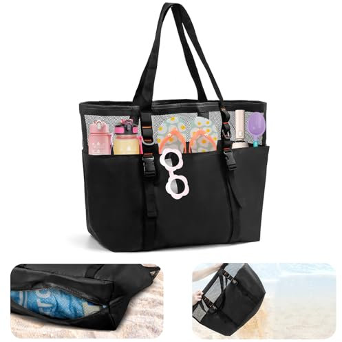 Jortmrd Strandtasche XXL Familie mit Reißverschluss, 45 * 20 * 39 cm Groß Mesh Beach Bag, Badetasche Damen Groß Beach Bag, Strandtasche mit Verstellbarer Schultergurt für Strand, Einkaufen, Reise
