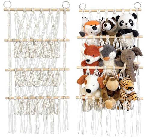 NEUSID Stofftier Aufbewahrung, 3 Lagiges Boho Makramee Kuscheltier Aufbewahrung Spielzeug Organizer Hängematte Netz für Kuscheltiere für Kinderzimmer Wohnzimmer Schlafzimmer, mit 2 Haken (Beige)
