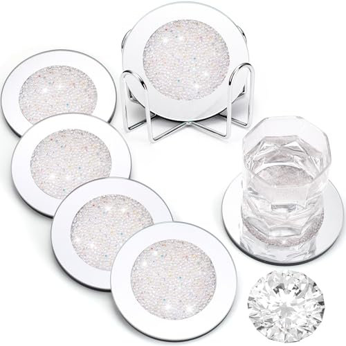 Jetec Crushed Diamond Decoration Glass Coaster Coasters Set of 6 with 1 Holder, Crystal Mirrored Coasters Glitter Crushed Diamond Decoration Rhinestone for Kitchen Bar Home(White,4 Inch)