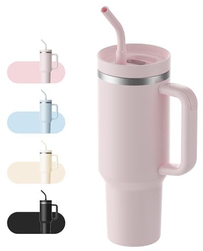 LEIKEEGO Thermobecher mit Strohhalm 1.2 L Trinkflasche Trinkbecher mit Deckel und Strohhalm, Spülmaschinenfest (Rosa)