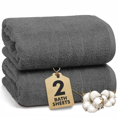 Novo Home Bath Sheets - Extra Large Bathroom Sheet Set – 550 GSM Pack of 2 Jumbo Towels Dark Grey (90x180cm) – 100% Ring Spun Cotton Soft Quick Dry Large Bath Towels for Adults Hotel Spa Bathroom Use