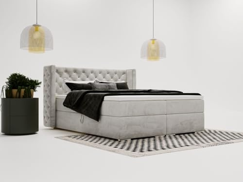 GRAINGOLD Lion Bett 160x200, Boxspringbett mit Bettkasten, Polsterbett mit Bonell-Matratze, Samt Stoff, mit Topper, mit Kopfteil (Hellgrau, 160x200)