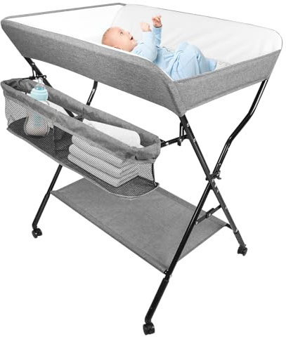 Wickelstation für Baby, Wickeltisch, faltbar, tragbar, Wickeltisch, faltbar, tragbar, mit Aufbewahrungskorb, maximale Belastung von 25 kg,86 x 62 x 96 cm (Grau)