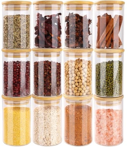 Otauoaea 12stk. Gewürzgläser Rund, 250ml Gewürzdosen Groß, Vorratsgläser mit Deckel & Etiketten, Gewürzbehälter Spice Jars Gewürzaufbewahrung für Kräuter & Tee, ⌀6,5cm x 10,5cm
