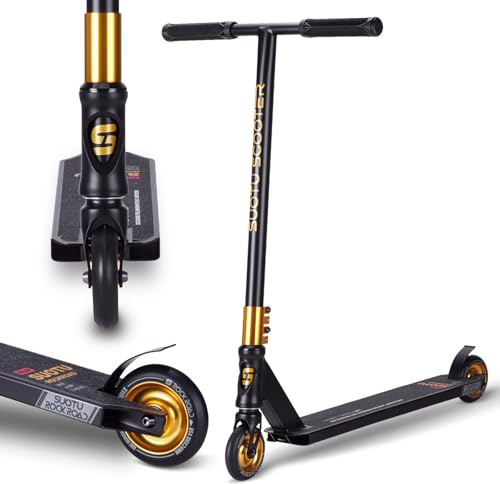 SUOTU Freestyle-scooter, 360°-styrning, PU-hjul 85A 100 mm, Freestyle-scooter för barn, tonåringar och vuxna, Max. bärkapacitet: 100 kg, aluminium (svart– guld)