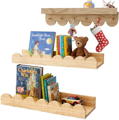 BunteHunde Nursery Shelves, 3- Pack Nursery Book Shelf with Hook 15.75-Inch Kids Wall Bookshelf (Wood)