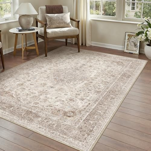 PureCozy Beige Waschbarer Teppich Wohnzimmer 80x150cm Vintage Tepich | Weich Kurzflor Groß Carpet, Rutschfest, Leicht, Schlafzimmer, Esszimmer, Büro, Kinderzimmer