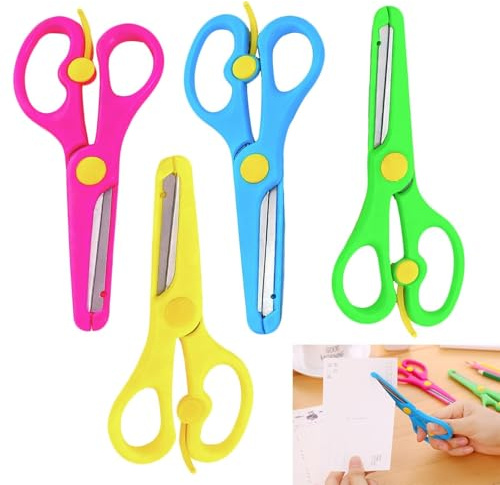 Tijeras de seguridad con bloqueo protector, set 4 piezas rosa azul amarillo verde, tijeras escolares para manualidades, papel cartón plastilina, aptas para zurdos y diestros