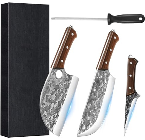 MDHAND Metzgermesser Set 4-teilig Handgeschmiedetes Serbisches Kochmesser Set mit Ausbeinmesser & Hackmesser, Profi Küchenmesserset für Fleisch, BBQ & Outdoor-Camping – Geschenk für Männer