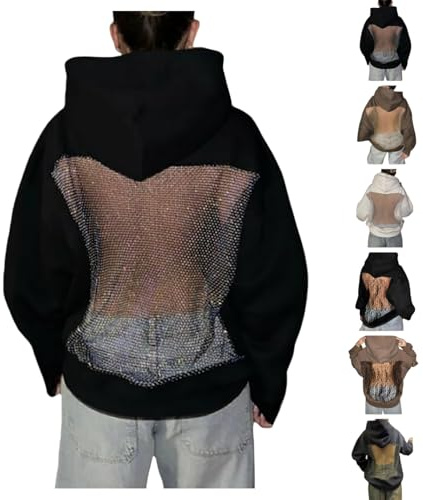 YGERGWE Sweat à capuche surdimensionné en maille dans le dos avec poches kangourou transparentes, pull ample à manches longues, pull léger dos nu uni pour femme