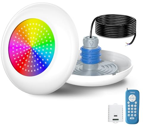 OSREE Projecteur Piscine Vissable avec Filetage 1,5, 15W RGB Spot LED Piscine Multicolore Contrôle avec Télécommande,Ø190mm,12VAC Étanche IP68 Remplie Résine Lampe sur Prise Balai pour Piscines Béton