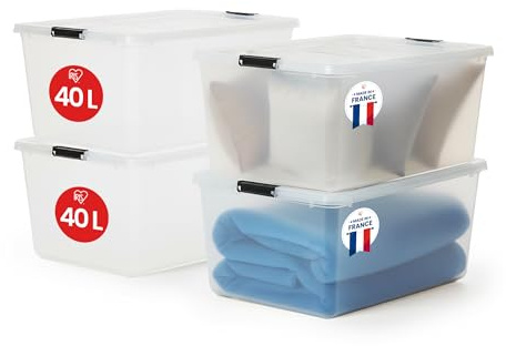Iris Ohyama Aufbewahrungsboxen mit Deckel, 40 L, 4er-Set, FTB-40 | Transparent, BPA-freies Plastik-Box, Kleiderboxen Stapelbar, Verschlussclips, Robust, Kunststoff Organizer, Kiste Lagerbox
