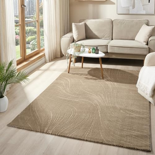 VIMODA Teppich Wohnzimmer Teppich Schlafzimmer, Flur, küche Kurzflor Boho Design Unifarbe Hoch-Tief-Effekt Modern 3D Weich,Farbe:Beige;Maße:200x290 cm
