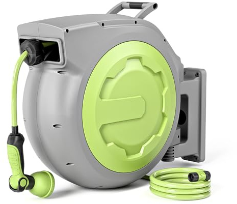 Retractable Garden Hose Reel 1/2 x 45m + 2m Wall Mount Auto Reel for Outside with 10 Pattern Nozzle, Lock Any Length, 180°Swivel, Automatic Slow Rewind System