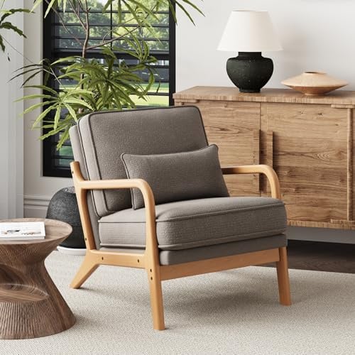 COLAMY Sessel Wohnzimmer Mid-Century Modern, Loungesessel mit Lendenkissen, Massivholzrahmen & weichem Polster, bequemer Lesesessel für Wohnzimmer und Schlafzimmer, grau