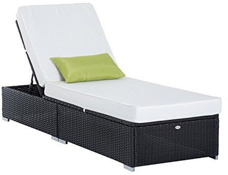 HOMCOM Bain de Soleil transat Chaise Longue Jardin Grand Confort 195L x 68l x 31H cm Dossier inclinable Multi-Positions Aluminium Matelas épaisseur 10 cm crème résine tressée 4 Fils Noir