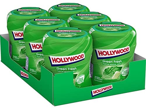 Hollywood Chewing Gum Green Fresh - Parfum Menthe Verte - Sans Sucres avec Édulcorants - Lot de 6 boîtes de 60 dragées (87 g)