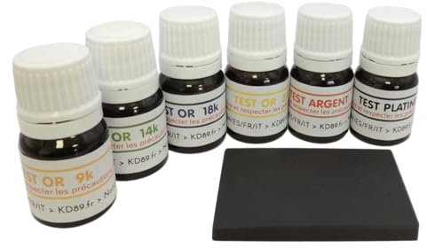 Gold-Tester 9, 14, 18, 24 Karat, 6 Flaschen, gebrauchsfertig + Silber-Tester + Platin-Tester + natürlicher Prüfstein 50 x 40 mm + Gutachtanleitung (evtl. nicht in deutscher Sprache)