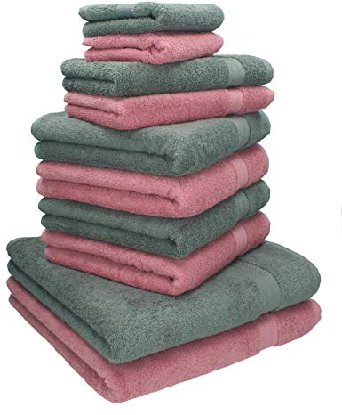 Betz Lot de 10 pièces 2 draps de Bain 4 Serviettes de Toilette 2 d'invité 2 lavettes 100% Coton Classic Couleur Vieux Rose, Gris Anthracite