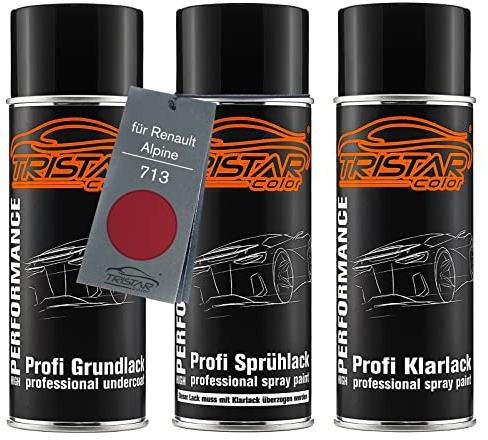 TRISTARcolor Autolack Spraydosen Set für Renault/Alpine 713 Rouge Cerise Nacre/Cherry Red Nacre Grundlack Basislack Klarlack Sprühdose 400ml