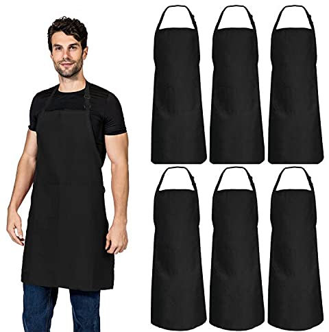 CWFUN Black Adjustable Kitchen Bib Aprons for Women Men Chef,Bulk Pack 32 x 28 Inches-Cooking Grilling Black Aprons-6 pcs