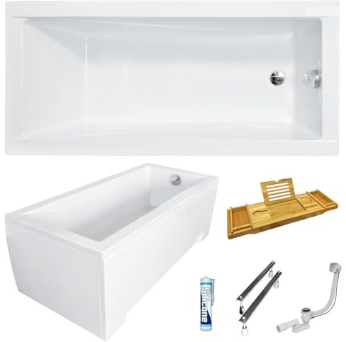 ECOLAM Baignoire rectangle Modern 150x70 cm + tablier | Planche de bain réglable 100% Bambou | pieds siphon silicone | set complet