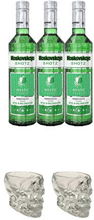 Moskovskaya SHOTZ Mystic Forest 3 x 0,5 Liter + Wodka Totenkopf aus Glas 1 Stück 29 ml + Wodka Totenkopf aus Glas 1 Stück 29 ml