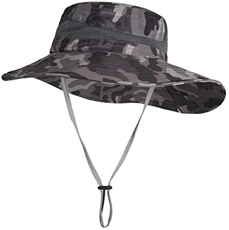 ZLYC Herren Camouflage Sonnenhut Safari Hut Mesh Outdoorhut Boonie Hut(Camo Schwarz)