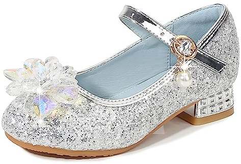 Eleasica Zapato de Lentejuelas con Adorno de Cristal de tacón bajo Princesa Cenicienta para niña Zapatos de Baile Cosplay Princesa Aurora para Regalo Reina Elsa Zapatillas,Plateado,34 EU