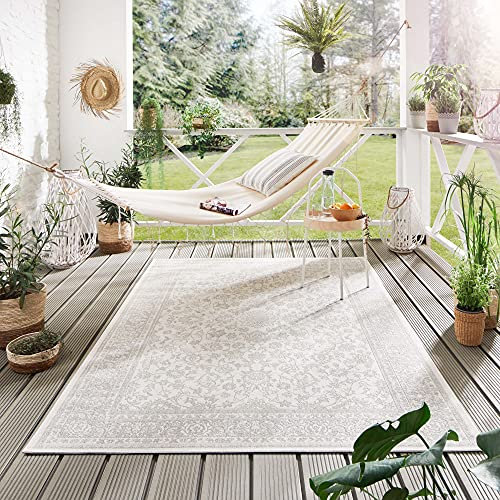 Steffensmeier Indoor Outdoor Teppich Öland Balkon Terrasse Küche Garten wasserfest Kunststoff, strapazierfähig, Oriental Beige Silber, 240x290 cm