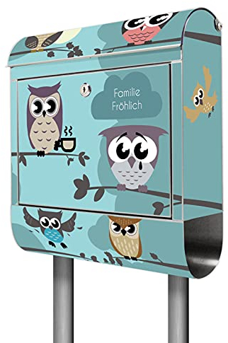 banjado® Briefkasten mit Standfuß personalisiert Motiv Acht Eulen - Stand Briefkasten Edelstahl mit Zeitungsfach - Postbox/Postkasten A4 Einwurf inkl. Montagematerial & 2 Schlüssel