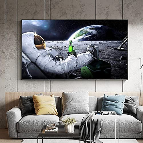 Astronaut Trinken Bier auf dem Mond Landschaft Leinwand Malerei Gedruckt Wandkunst Space Man Bild für Wohnzimmer Wohnkultur 40x70cm (15,7x27.6in) Rahmenlos