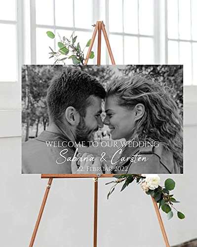 Manschin Laserdesign Panneau de bienvenue en aluminium composite personnalisé – Fabriqué en Allemagne – Welcome Willkommen Panneau de mariage (composite en aluminium, 80 x 55 cm)