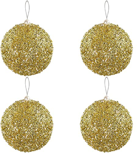 Belle Vous Palle di Natale Oro (Confezione da 4) - Palline di Natale Dorate in Schiuma da 10,7 cm - Palline con Paillettes e Spago Addobbi Natalizi e Decorazioni Natale