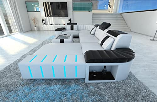Sofa Bellagio U Form Wohnlandschaft Leder Couch mit LED Ledersofa mit Ottomane (Ottomane rechts, Weiß-Schwarz)