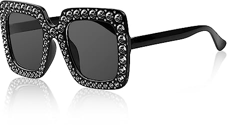 Jagowa 1 Piece Rhinestone Square Sunglasses, Large Frame Crystal Sunglasses Dress Costume Accessories for Women (Black)