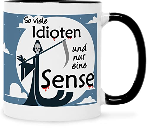 GRAVURZEILE Bedruckte Tasse mit Spruch in Blau - So viele Idioten und nur eine Sense - Spülmaschinenfest - Lustige Geschenke für Arbeitskollegen im Büro - Geschenk für Sie & Ihn - Schwarz & Weiß