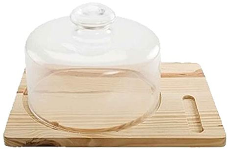Acan - Quesera redonda con tapa de vidrio y base de madera rectangular - Recipiente para conservar queso o embutidos - Base de 36 x 26 cm - Ø 22 cm