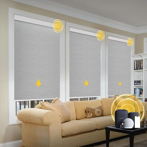 CITOLEN Motorized Blinds with Valance Cover Upgraded Smart Grasscloth Fabric Electric Remote Control Automatic Roller Shades for Windows Work Alexa Google Home, Gray, 34''W x 72''H (SM100)