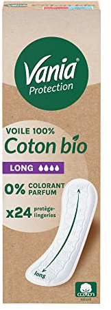 Vania | Protège-slips Protection Voile 100 % Coton Bio Long (boîte de 24 pièces) – Protège-lingeries sans parfum et sans colorant – Protection hygiénique respirante pour une sensation naturelle