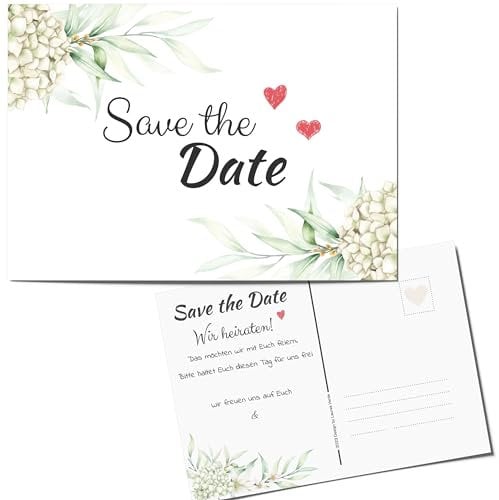 Laurea Verde 40 x Save the Date Karten für Eure Hochzeit [mit ToDo Liste] **NEUES BOHO DESIGN: HORTENSIE** | Stabile Postkarte A6 | Wir heiraten | Einladungskarte Hochzeit