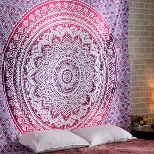 Ombre-Mandala-Wandteppich, Wandbehang, Hippie-Wandteppiche aus Baumwolle, Strandüberwurf, Wohnheim-Dekoration, Bohemian-Boho-Bettlaken – Rosa – King-Size-Bett, 229 x 274 cm