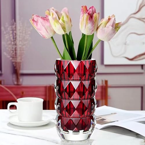 Heavy Duty Modern Crystal Glass Flower Vase - Handmade Red Round Glass Vase Decor for Wedding Party, Office, Living Room, Bedroom, Dining Table