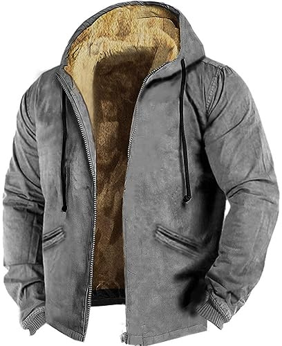BIISDOST Lammfell Mantel Herren Blauer Wollmantel Farblich passende Herren-Baumwolljacke mit Kapuze und Reißverschluss Wickel Mantel Herren Steppjacke Mit (Grey, XXXL)