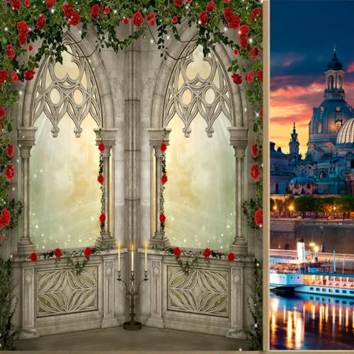 COALHO Fensterfolie im Gothic-Stil, Motiv: Burgbogen, Retro, Mitte des Jahrhunderts, Fantasie, romantische Kunst, rote Rosen, geeignet für Wohnzimmer, Küche, Badezimmer, 45B x 60L cm, x1 Stück