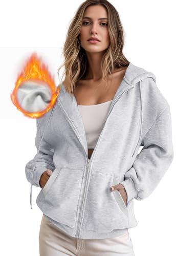 IWOLLENCE Womens Zip Up Grey Hoodie Fleece Oversized Y2K Full Zipper Plain Hooded Sweatshirt Grey M